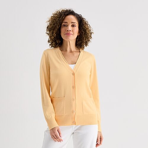 Liz Claiborne Womens V Neck Long Sleeve Button Cardigan In Yellow