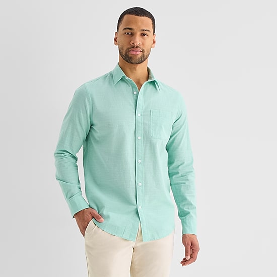 St. John's Bay Slub Mens Long Sleeve Regular Fit Button-Down Shirt