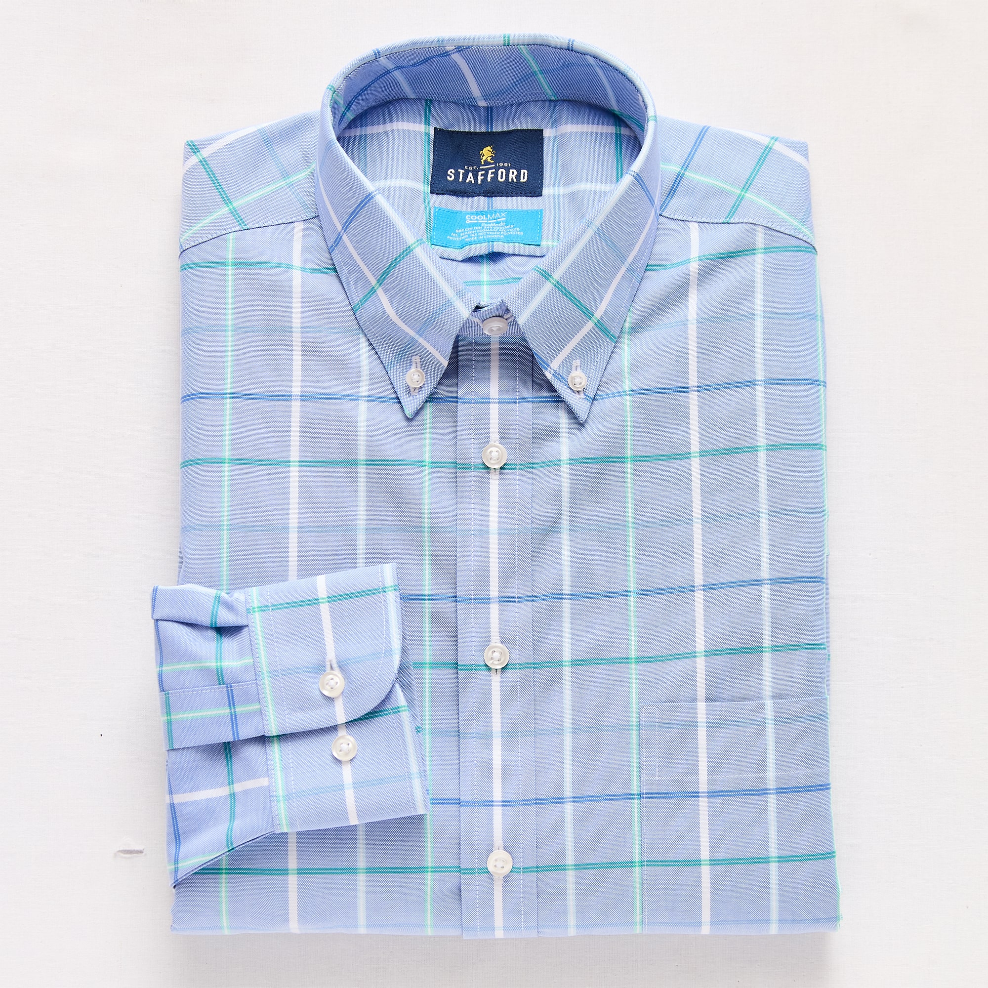 Stafford Coolmax All Season Ecomade Oxford Mens Slim Fit STRETCH FABRIC Wrinkle Free Long Sleeve Dress Shirt