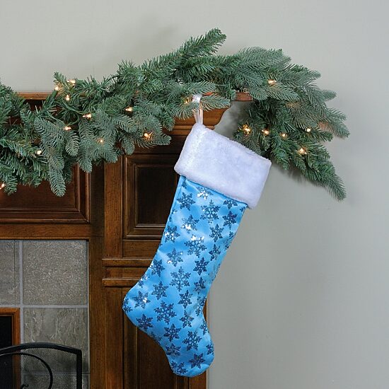 20.5'' Ice Palace Blue Sequin Snowflake Christmas Stocking with White Faux Fur Cuff