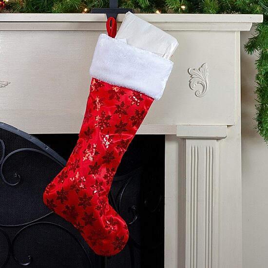 20.5'' Red and White Sequin Snowflake Christmas Stocking