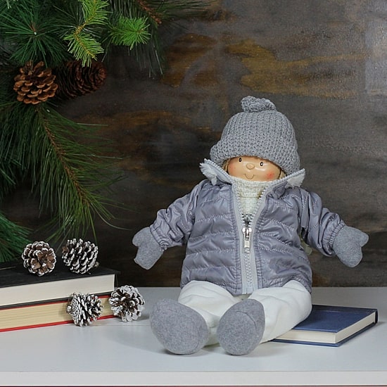 16'' Gray and White Cheerful Sitting Girl Christmas Tabletop Decoration