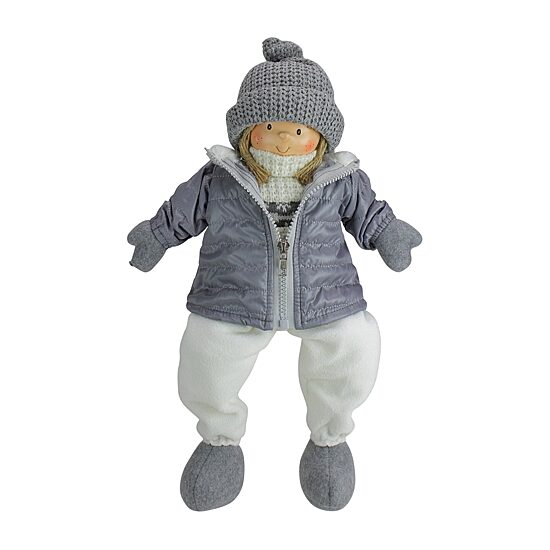 16'' Gray and White Cheerful Sitting Girl Christmas Tabletop Decoration
