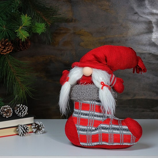 14.5'' Red and Gray ''Isolde'' Gnome in Christmas Stocking Tabletop Decoration