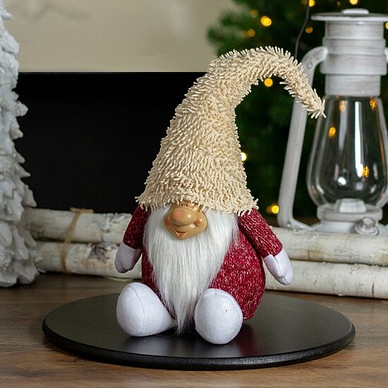 15'' Textured Red and White Chubby Smiling Gnome Plush Table Top Christmas Figure
