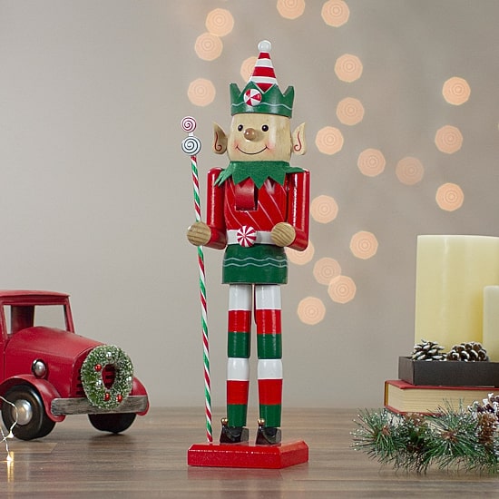 15'' Red and Green Traditional Striped Elf Christmas Nutcracker