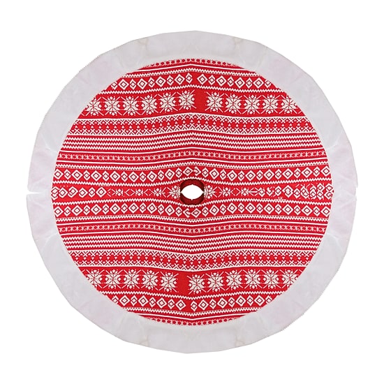 48'' Red and White Knitted Snowflake Christmas Tree Skirt with Faux Fur Trim