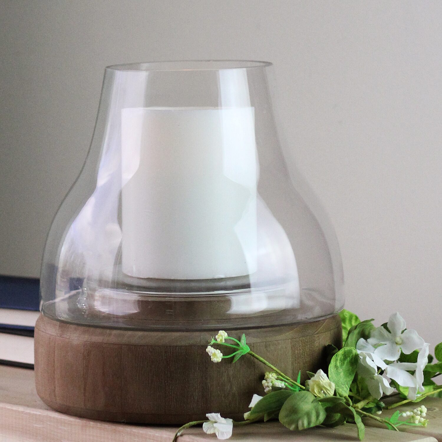 10.25'' Transparent Glass Pillar Candle Holder with Wooden Base
