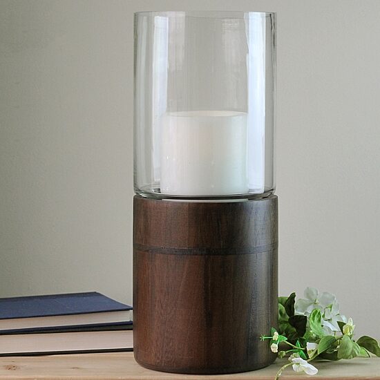 15.25'' Clear Glass Hurricane Pillar Candle Holder with Wooden Base