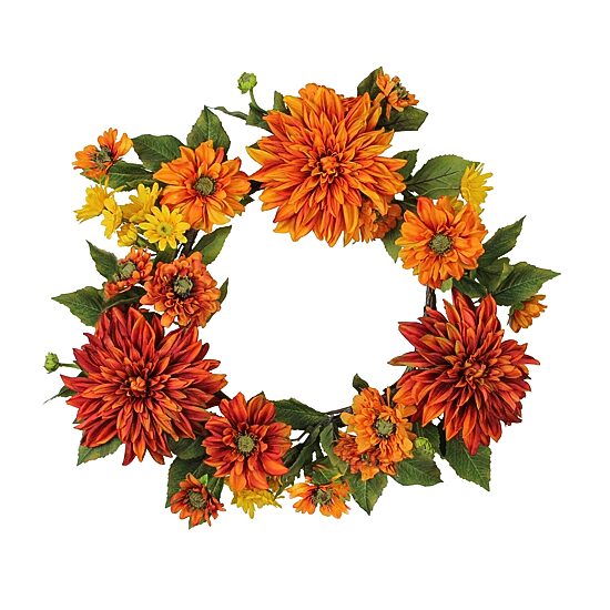 Mums and Daisies Twig Artificial Floral Wreath  Orange 22-Inch
