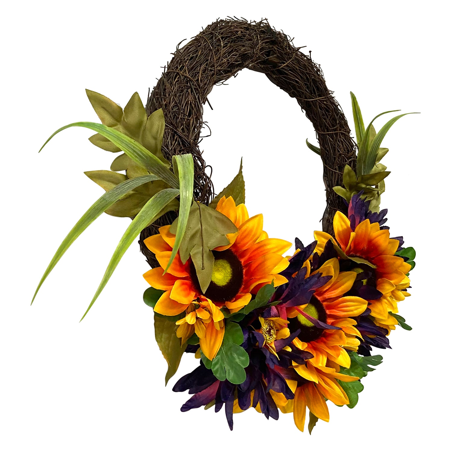 Sunflower and Mum Twig Autumn Artificial Floral Wreath  20-Inch