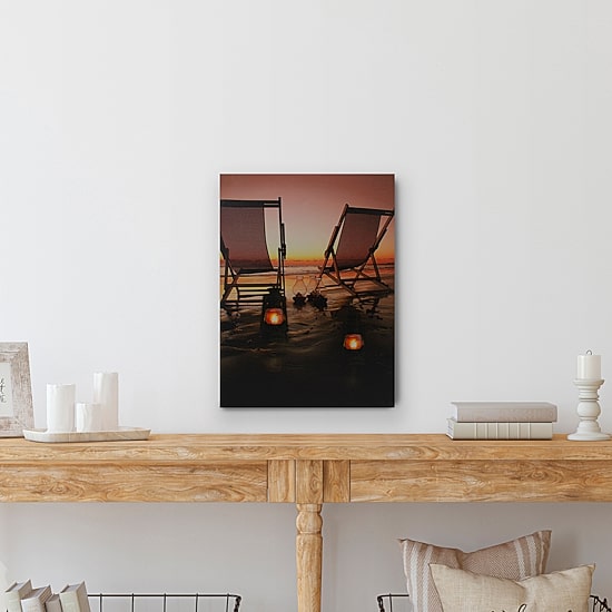 LED Lighted Sunset Beach Chairs with Lanterns Canvas Wall Art 15.75"