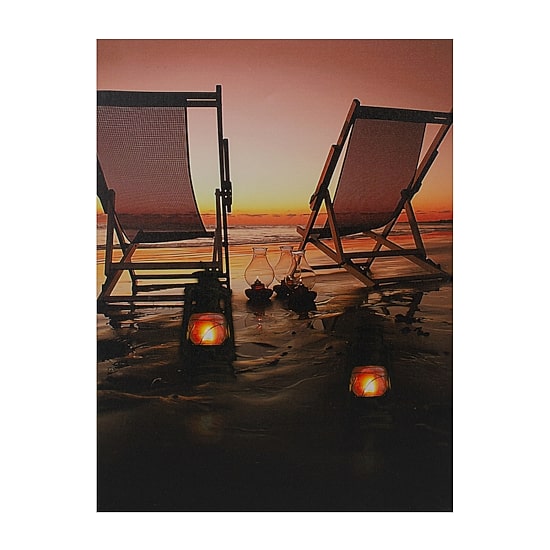 LED Lighted Sunset Beach Chairs with Lanterns Canvas Wall Art 15.75"