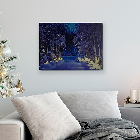 LED Lighted Nighttime in the Woods Winter Scene Canvas Wall Art 15.75"