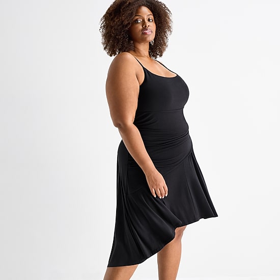 Ashley Graham Womens Plus High-Low Square Neck Sleeveless Fit + Flare Dress