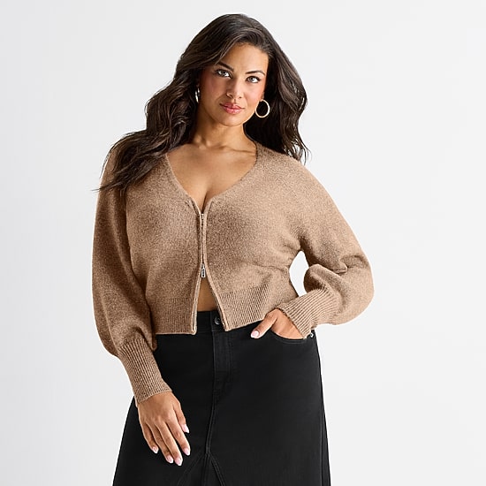 Ashley Graham Womens Plus Blouson Sleeve Zip Front Cardigan