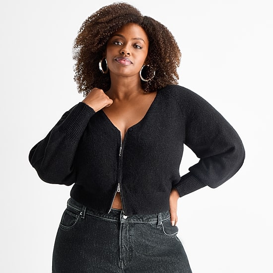 Ashley Graham Womens Plus Blouson Sleeve Zip Front Cardigan
