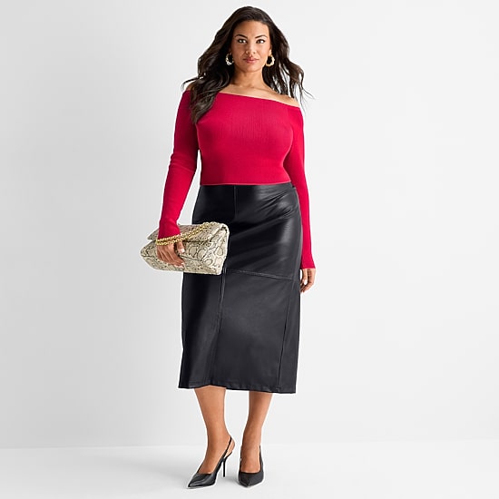 Ashley Graham Womens Plus Off the Shoulder Long Sleeve Top