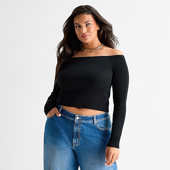 Ashley Graham Womens Plus Off the Shoulder Long Sleeve Top