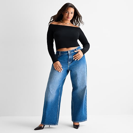 Ashley Graham Womens Plus Off the Shoulder Long Sleeve Top