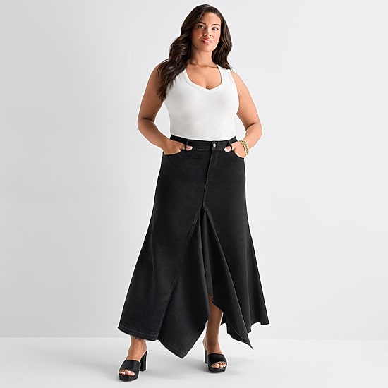 Ashley Graham Womens Plus High Rise High Low Denim Skirt