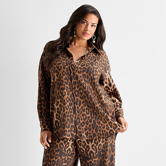 Ashley Graham Womens Plus Long Sleeve Regular Fit Button-Down Shirt