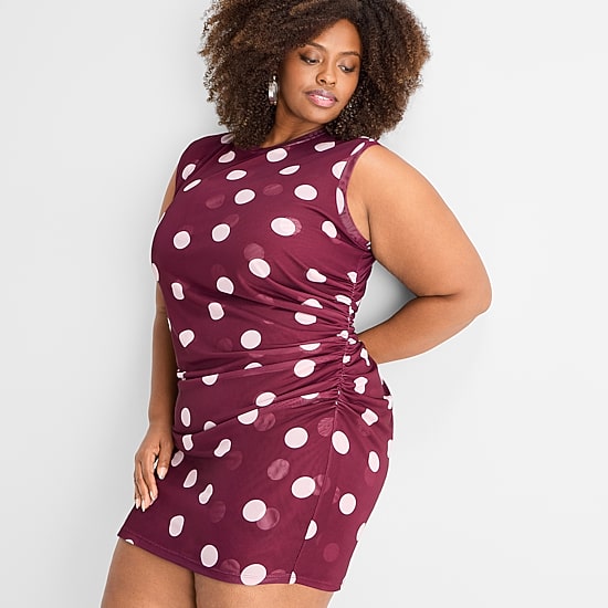Ashley Graham Womens Plus Crew Neck Sleeveless Dots Bodycon Dress