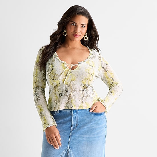 Ashley Graham Womens Plus V Neck Long Sleeve Blouse