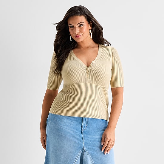 Ashley Graham Plus Womens V Neck Elbow Sleeve Pullover Sweater