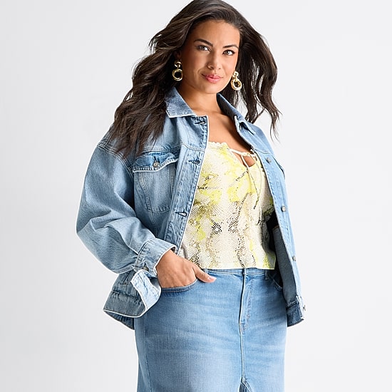 Ashley Graham Womens Plus Denim Lightweight Jacket