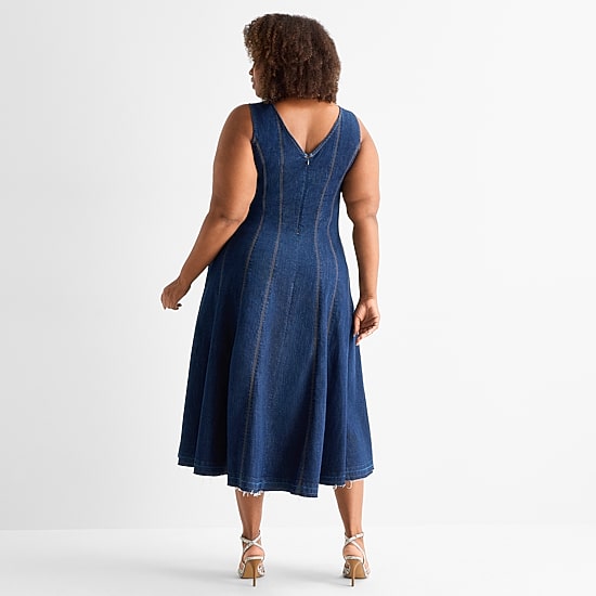 Ashley Graham Womens Plus V Neck Sleeveless A-Line Dress
