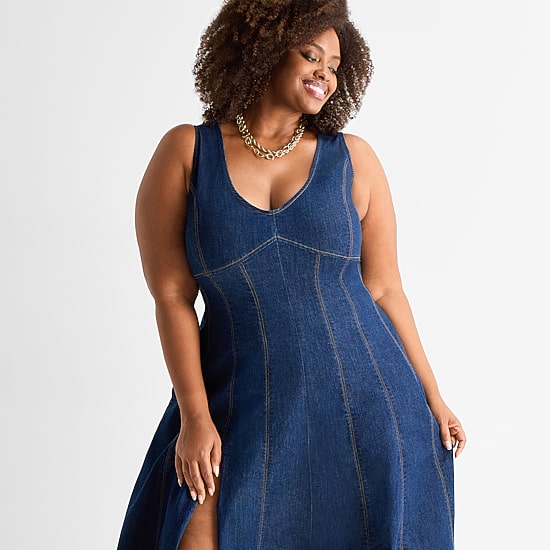 Ashley Graham Womens Plus V Neck Sleeveless A-Line Dress
