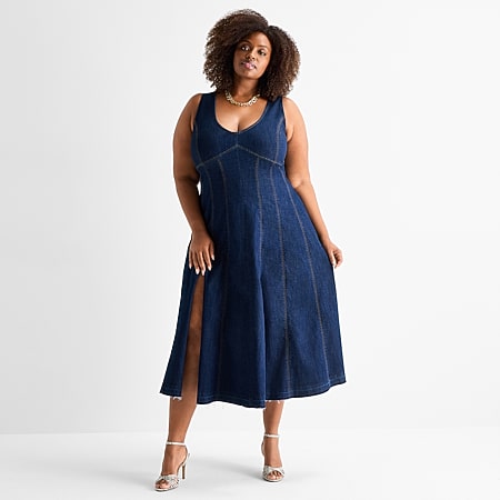 Danny & Nicole Womens Plus Midi V Neck Sleeveless Fit + Flare