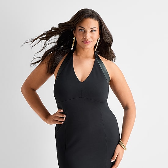 Ashley Graham Womens Plus Midi Halter Neck Sleeveless Bodycon Dress