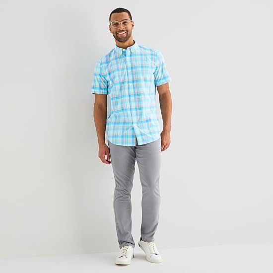 St. John's Bay Stretch Poplin Mens Short Sleeve Classic Fit Button-Down Shirt