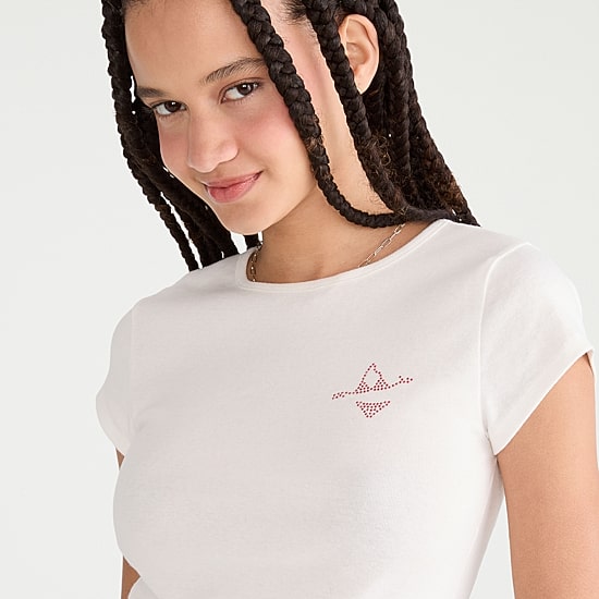 AEROPOSTALE Womens Juniors Rhinestone Crew Neck Short Sleeve Regular Fit Graphic T-Shirt