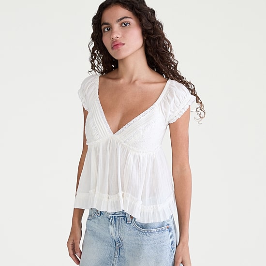 AEROPOSTALE Womens Juniors V Neck Short Sleeve Babydoll Top