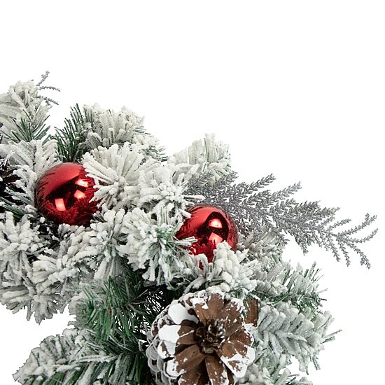 Flocked Pine with Red Ornaments Artificial Christmas Wreath  24-Inch  Unlit