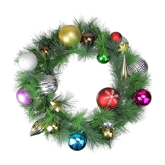 Multi-Colored Ornaments and Artificial Pine Christmas Wreath  24-Inch  Unlit