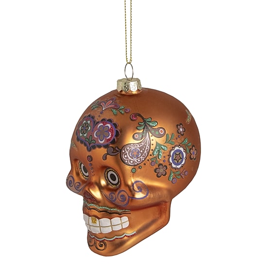 4'' Orange Day of the Dead Glass Skull Halloween Ornament