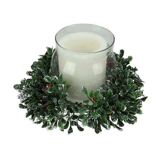 6'' Clear and Green Boxwood with Berry Tipped Christmas Hurricane Pillar Candle Holder