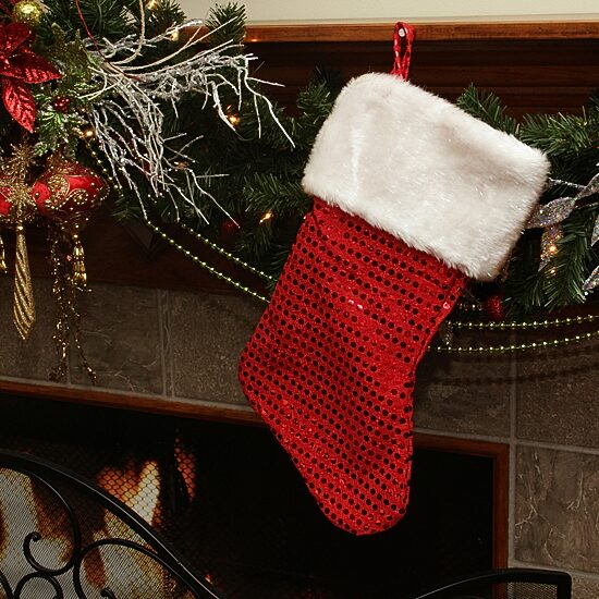 18'' Red and White Cuffed Disco Sequined Christmas Stocking