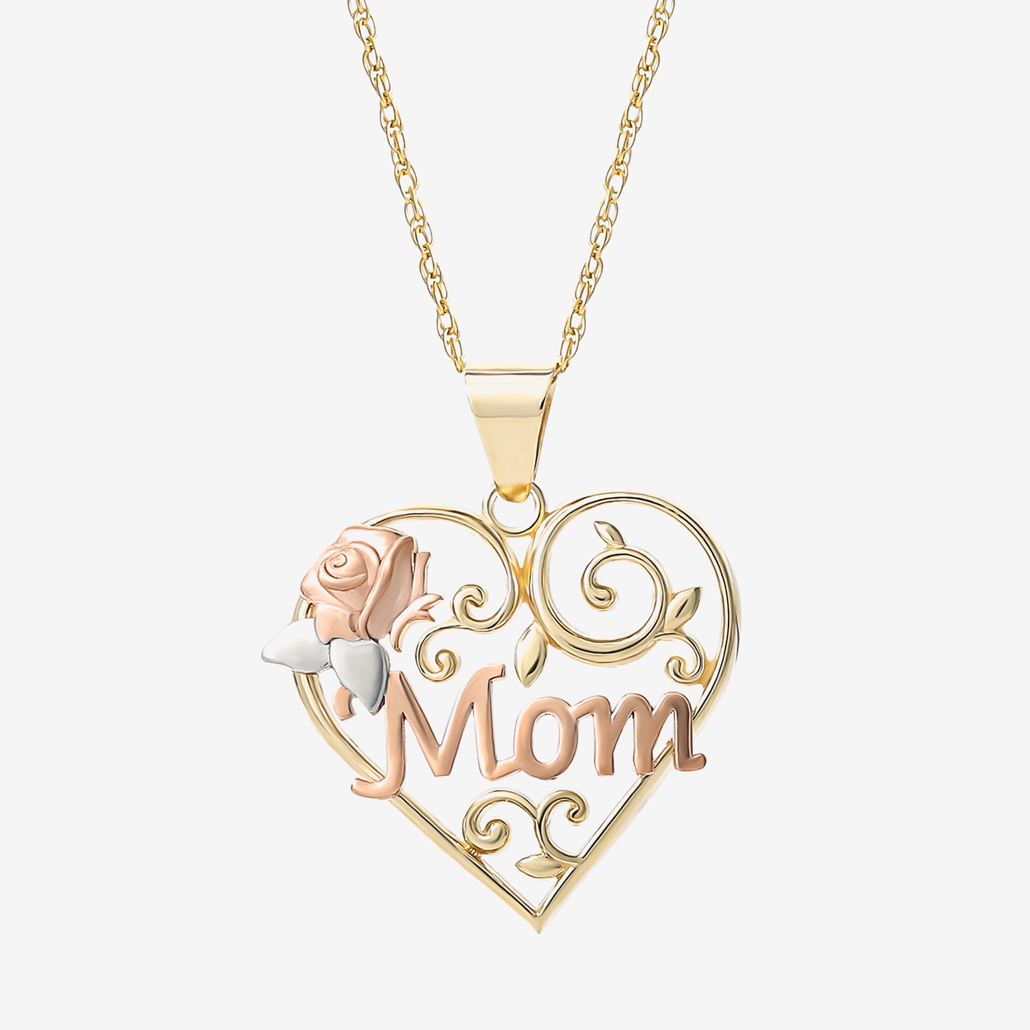 "Mom" Womens 10K Tri-Color Gold Heart 18 Inch Pendant Necklace