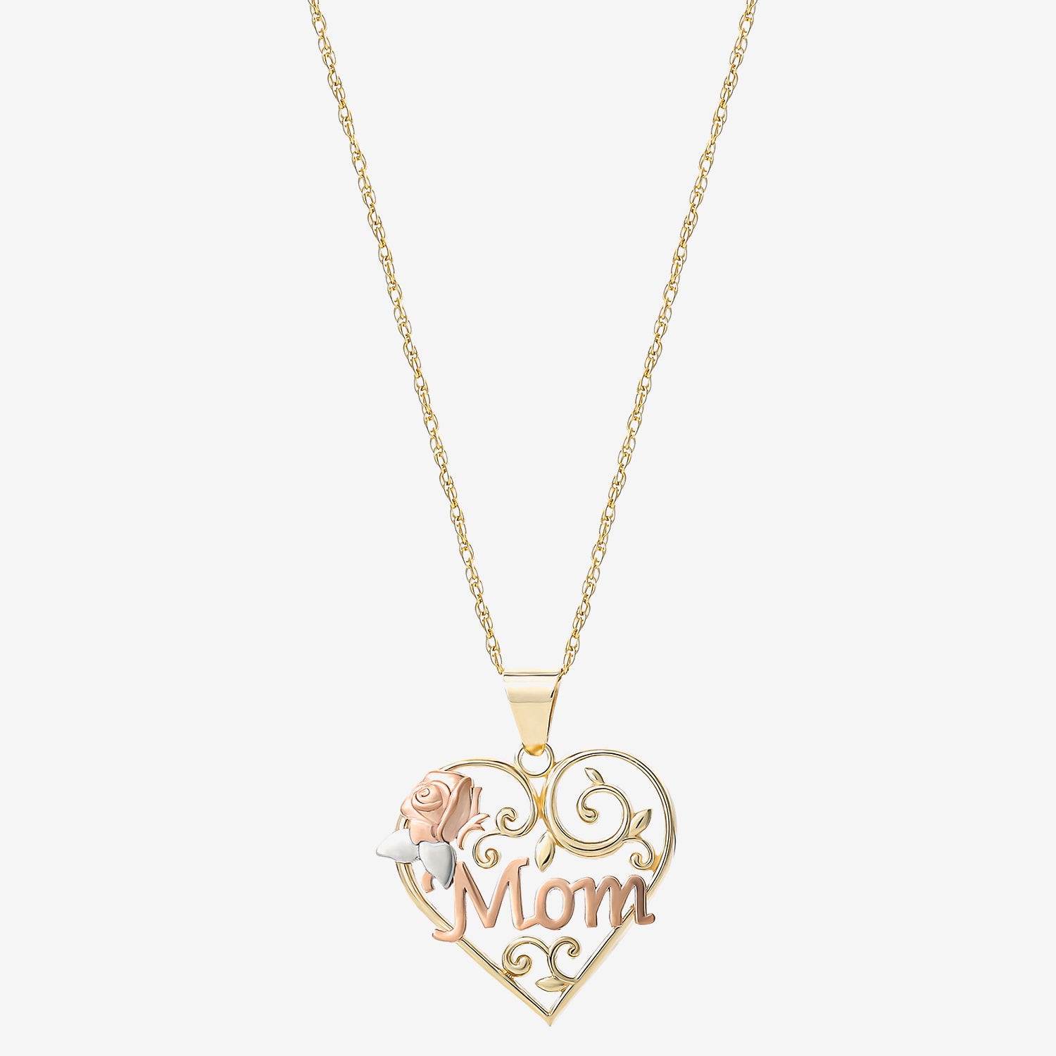 "Mom" Womens 10K Tri-Color Gold Heart 18 Inch Pendant Necklace