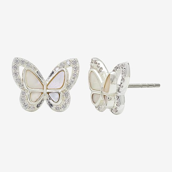 Sparkle Allure Halo White Mother Of Pearl Cultured Freshwater Pearl 13mm Butterfly Stud Earrings