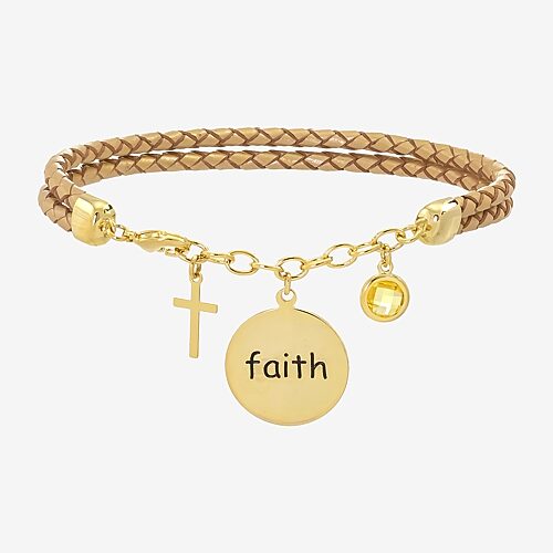 Sparkle Allure Yellow Faith Leather Womens Yellow Crystal 14K Gold Over Brass Cross Charm Bracelet, One Size