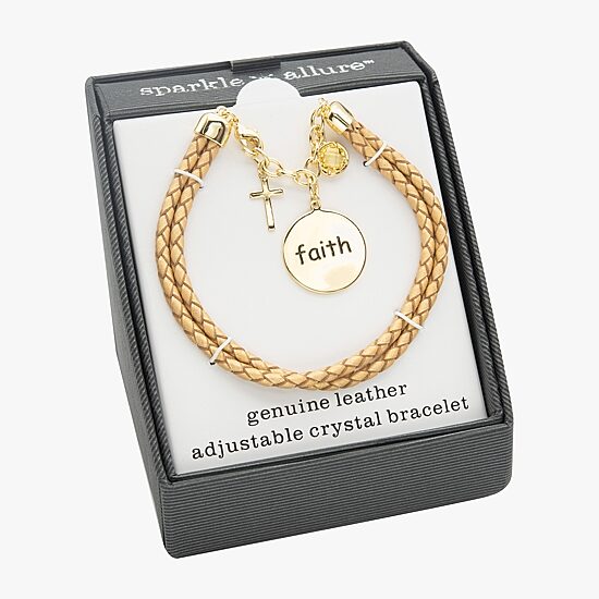 Sparkle Allure Yellow Faith Leather Womens Yellow Crystal 14K Gold Over Brass Cross Charm Bracelet