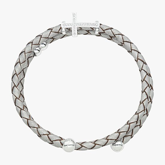 Sparkle Allure Grey Blessed Leather Womens Cubic Zirconia Pure Silver Over Brass Cross Charm Bracelet