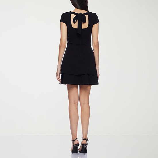 B. Smart Bow Back Womens Juniors Jewel Neck Short Sleeve Cap Fit + Flare Dress