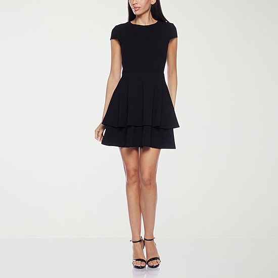 B. Smart Bow Back Womens Juniors Jewel Neck Short Sleeve Cap Fit + Flare Dress